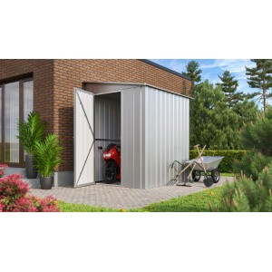 Globel Metall-Anlehngerätehaus Lean-To 56 in Silber Metallic mit geöffneter Tür und Motorrad im Inneren.