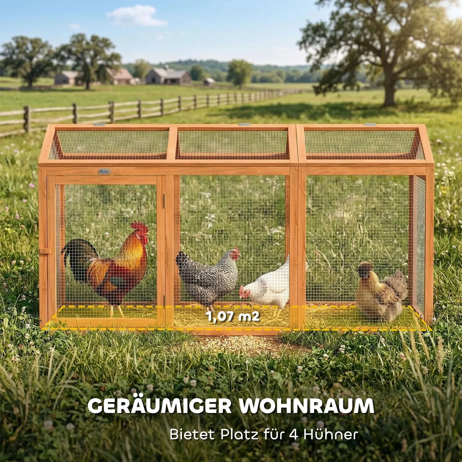 PawHut Hühnergehege aus Tannenholz mit Drahtgeflecht, geräumig für 4 Hühner, auf grüner Wiese im Garten.