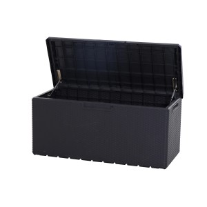 Geöffnete, anthrazitfarbene Toomax Kissenbox Portonovo (124x55x59cm) aus Kunststoff. Praktische Aufbewahrungsbox für Garten und Terrasse.