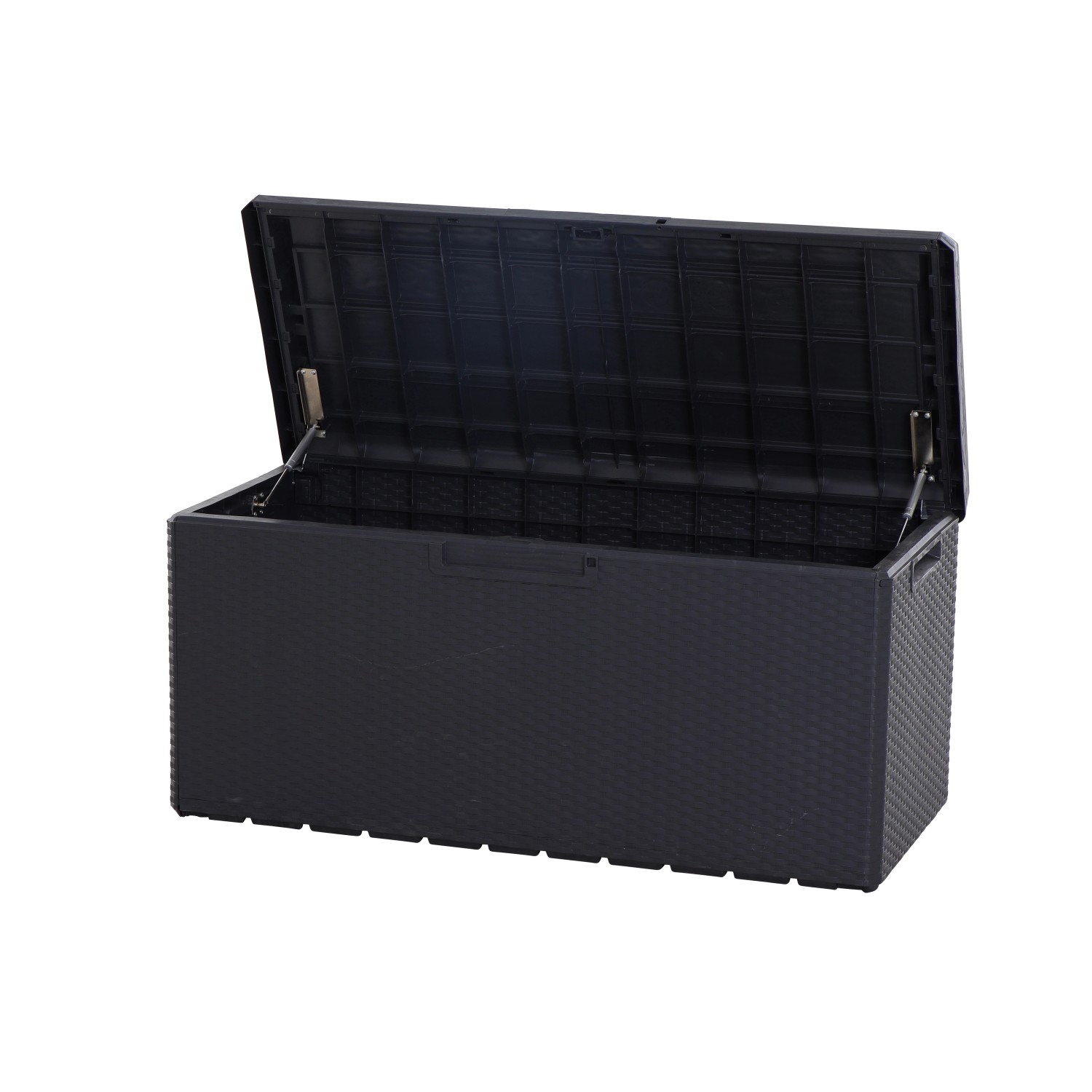 Geöffnete, anthrazitfarbene Toomax Kissenbox Portonovo (124x55x59cm) aus Kunststoff. Praktische Aufbewahrungsbox für Garten und Terrasse.