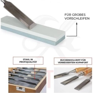 bestTools Stechbeitel Set, 6-teilig, Chrom-Vanadium Stahl, mit Schleifstein und Holzkiste.