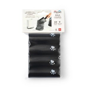 Rotho Biala Hygienebeutel-Set, 4 Rollen à 16 Beutel für Katzenklos, schwarz mit Pfotenabdruck.