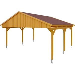 Doppelcarport Fichtelberg aus Fichte, eiche hell, mit roten Dachschindeln. Stabiles Carport für zwei Fahrzeuge.