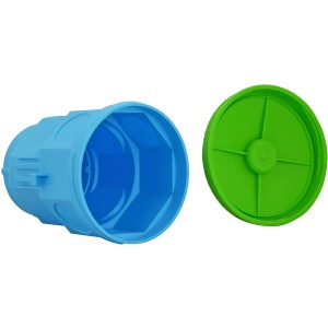 Blaue Betondose 60 mm x 111 mm mit grünem Schraubdeckel für Elektroinstallation.