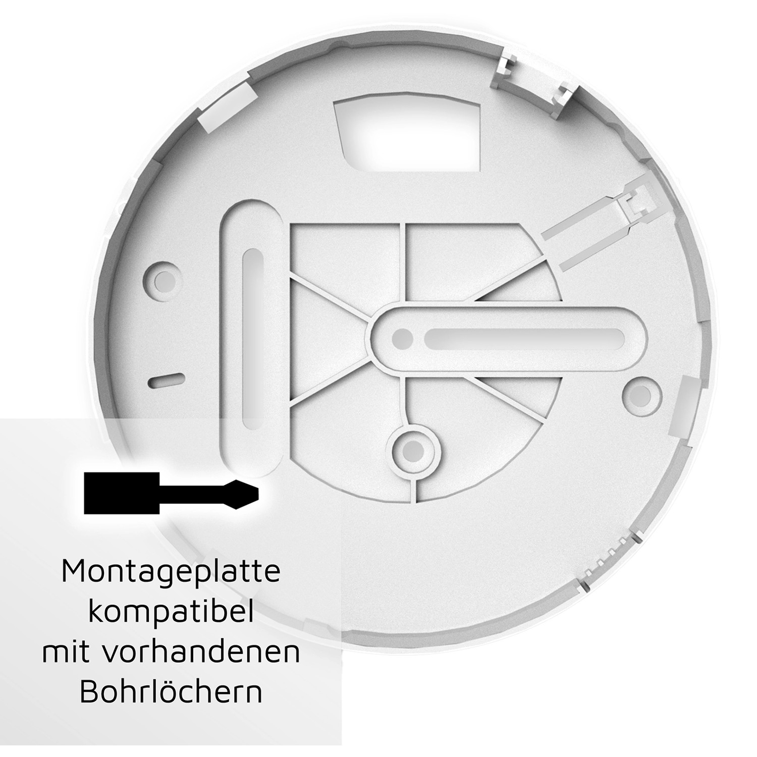 Montageplatte des Ei Electronics Rauchmelders Ei650, kompatibel mit vorhandenen Bohrlöchern.