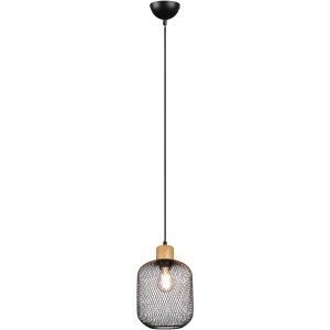 Moderne Pendelleuchte Calimero in Schwarz matt mit Holzdetail. Ideal als Hängelampe für Wohn- und Esszimmer.