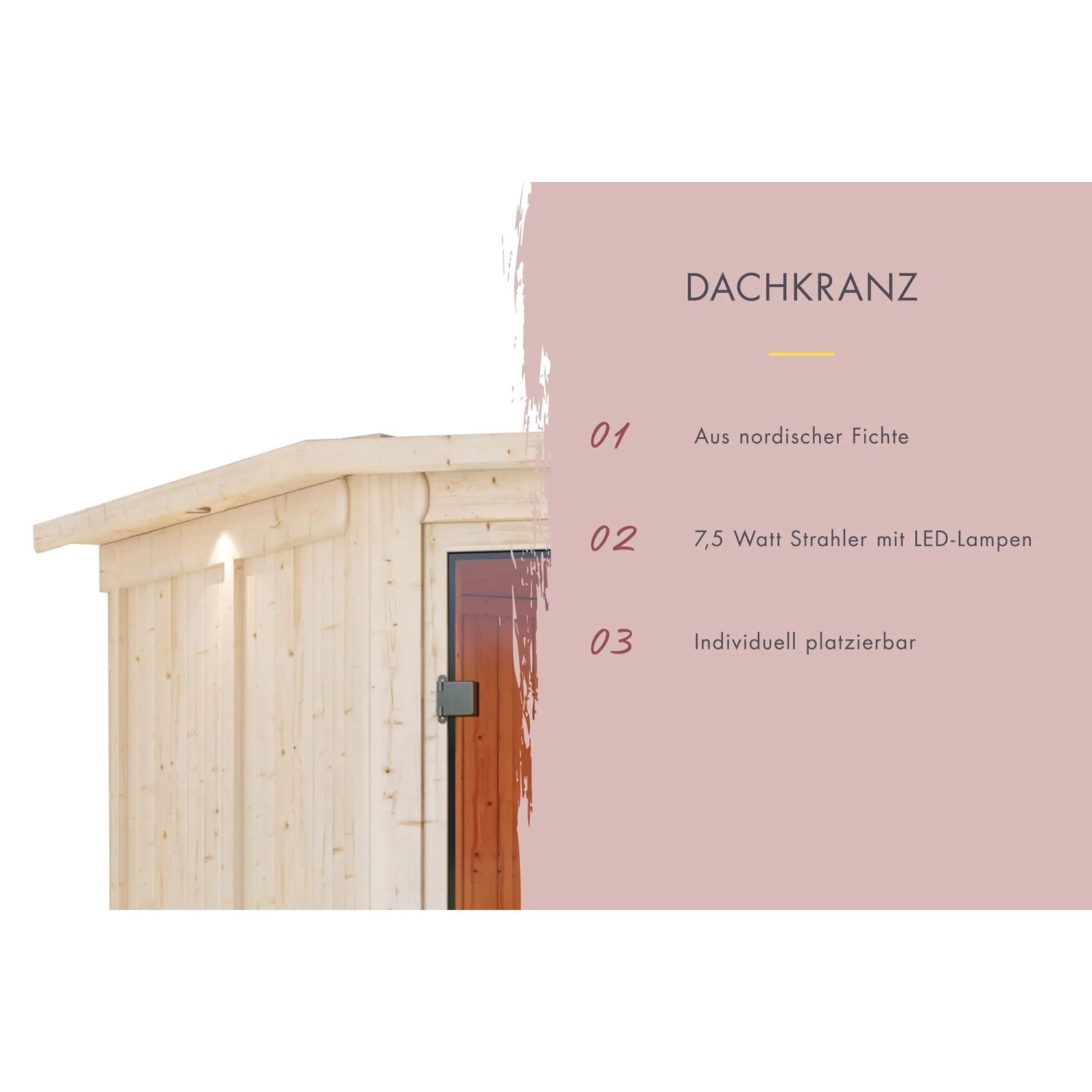 Karibu Sauna Anina 2: Detailansicht des Dachkranzes mit LED-Strahlern aus Fichte.