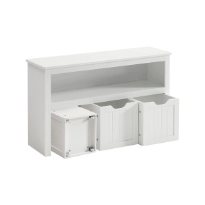 Weißer Vasagle Spielzeugschrank mit Rollen, 102x30x60 cm, mit Regalfach und drei Schubladen.