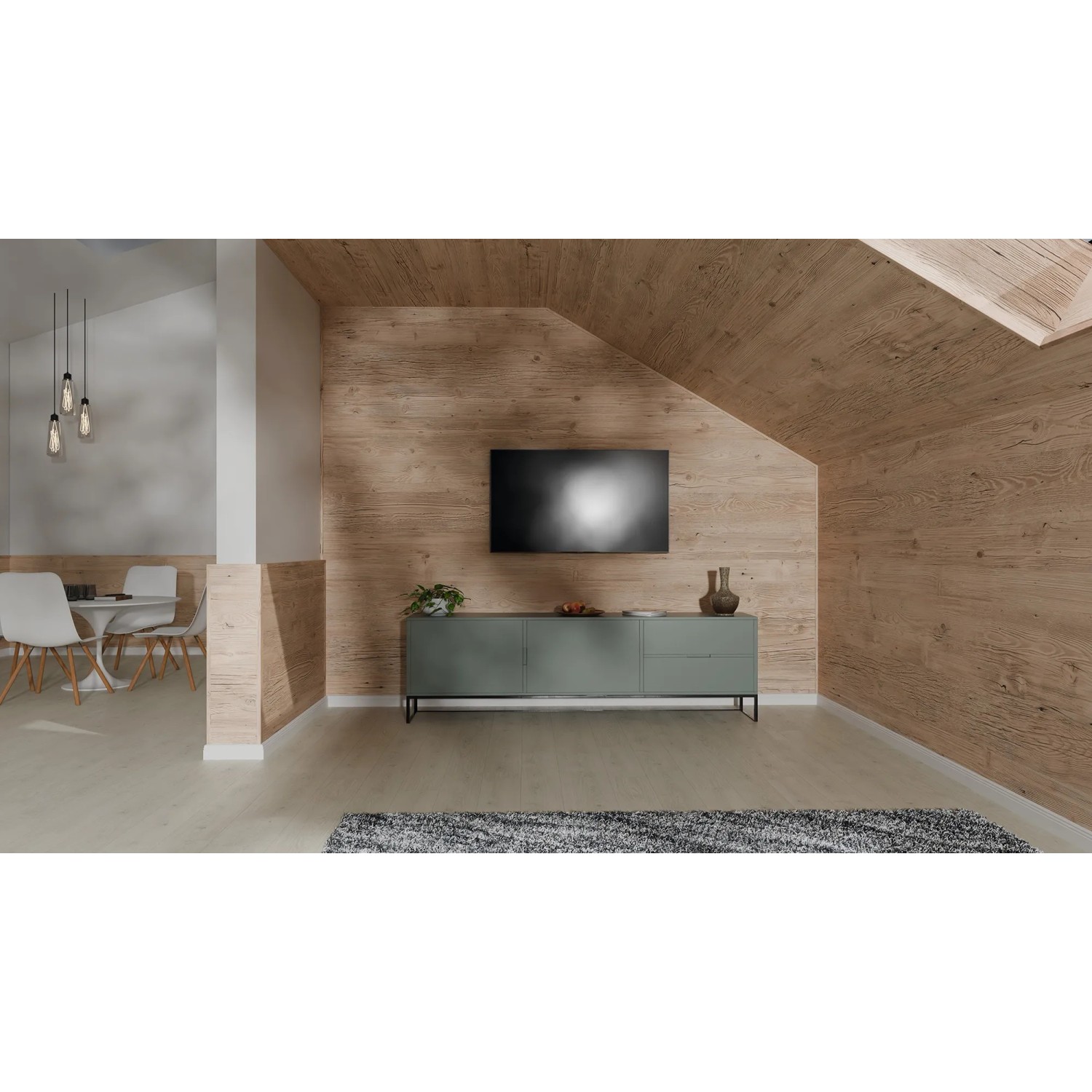 Wohnraum mit Egger Decowall Wandverkleidung DO006 Namur Fichte als Dekor-Paneele.
