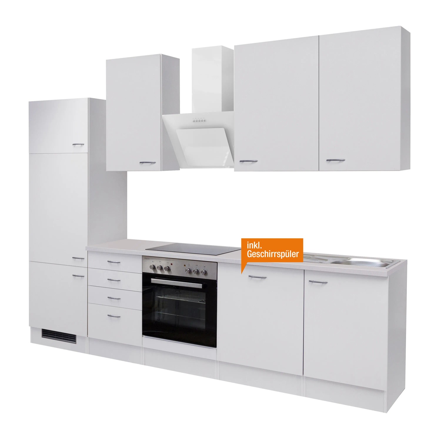 Weiße Flex-Well Classic Küchenzeile Wito 280 cm mit E-Geräten und Spüle.