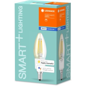 Ledvance Smart+ Bluetooth LED-Lampe in Kerzenform, E14, 4W, Filament klar. Verpackung.
