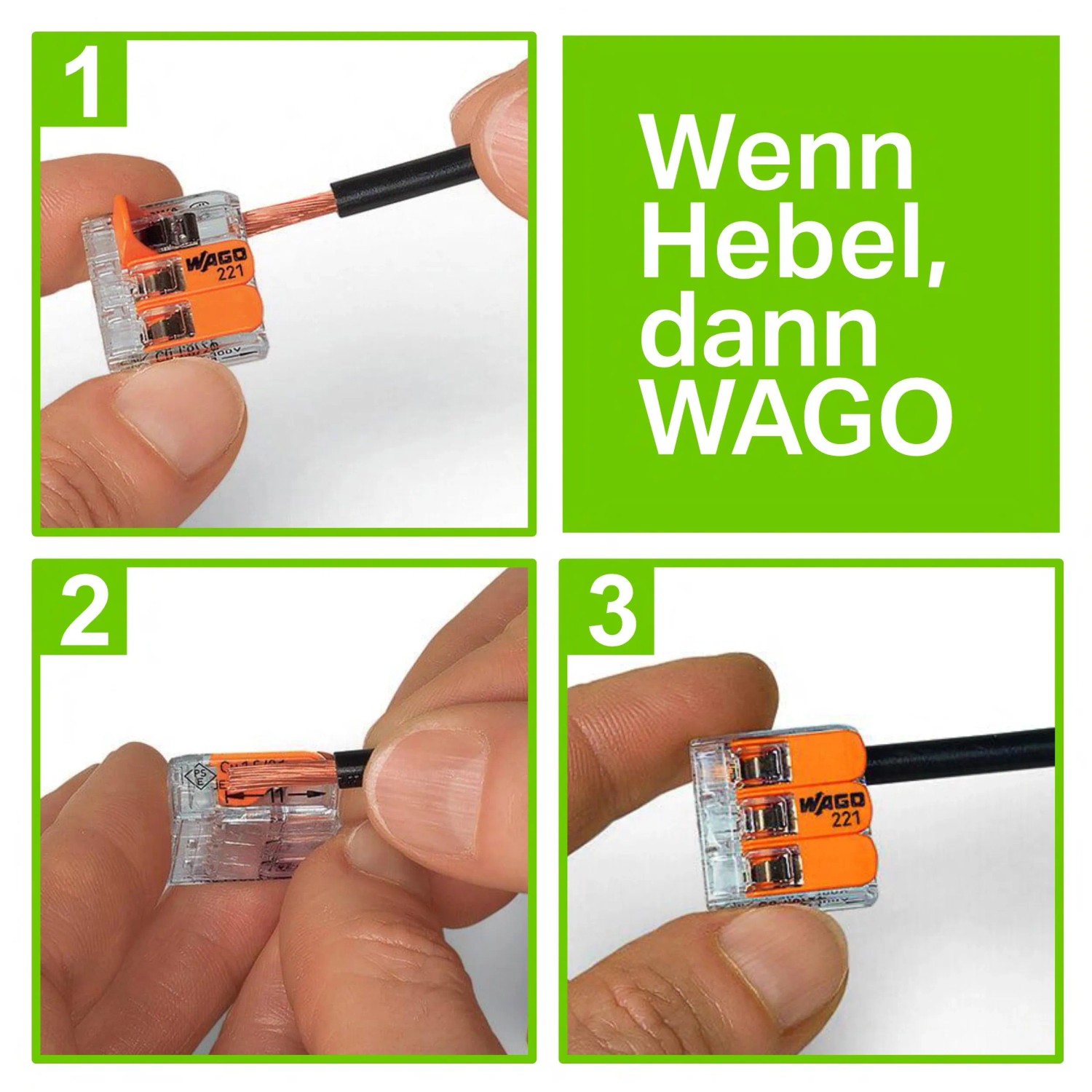 Anwendung der Wago Hebelklemme zum Verbinden von Kabeln, 25er Pack
