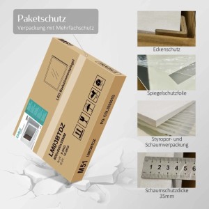 Sichere Verpackung des Emke Badspiegels mit Eckenschutz, Spiegelschutzfolie und Schaumstoff für den Transport.