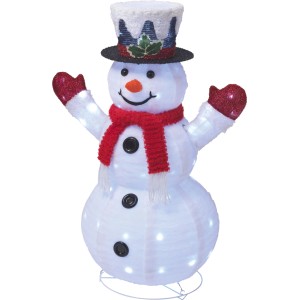 Leuchtender OBI LED Schneemann mit rotem Schal, Zylinder und 90 kaltweißen LEDs. Bunte Weihnachtsfigur für den Außenbereich.