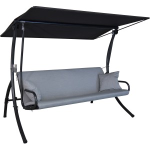 Angerer Hollywoodschaukel Elegance Zip Granit mit schwarzem Sonnendach und grauen Kissen.