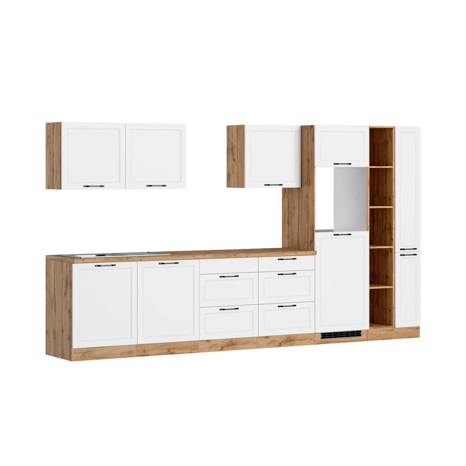 Küchenzeile Kempten 360 cm in Weiß/Wotan Optik ohne E-Geräte. Moderne Einbauküche mit viel Stauraum.