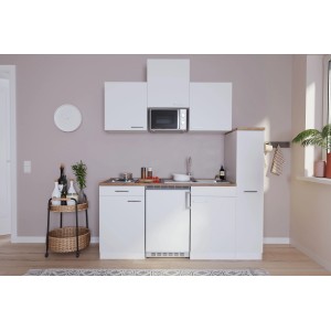 Weiße Respekta Economy Küchenzeile KB180WWMI mit Kühlschrank, Kochmulde und Mikrowelle.