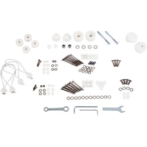 Montage-Set für Hollywoodschaukel Longview Weiß mit Schrauben, Muttern, Schlüsseln und Gummischlaufen.