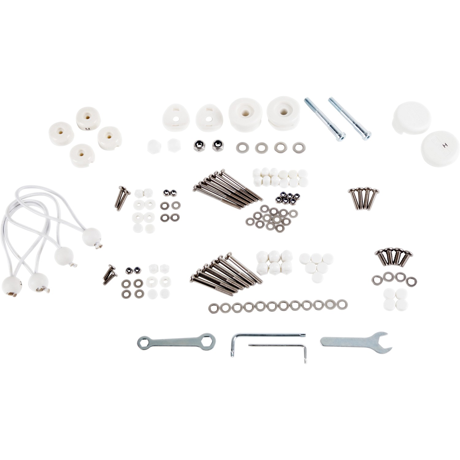 Montage-Set für Hollywoodschaukel Longview Weiß mit Schrauben, Muttern, Schlüsseln und Gummischlaufen.