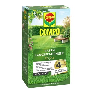 Compo Rasen Langzeit-Dünger Perfect 1,5kg Packung für dichten, grünen Rasen.