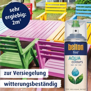 Belton Free AQUAcolours Klarlack Spray, transparent matt, vor farbig gestrichenen Gartenmöbeln.