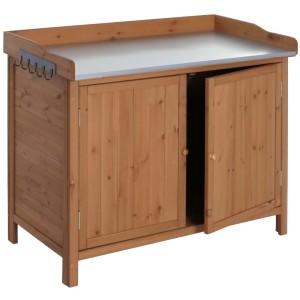 Brauner Gartenschrank mit Arbeitsplatte und Stauraum, 86x104x52 cm.