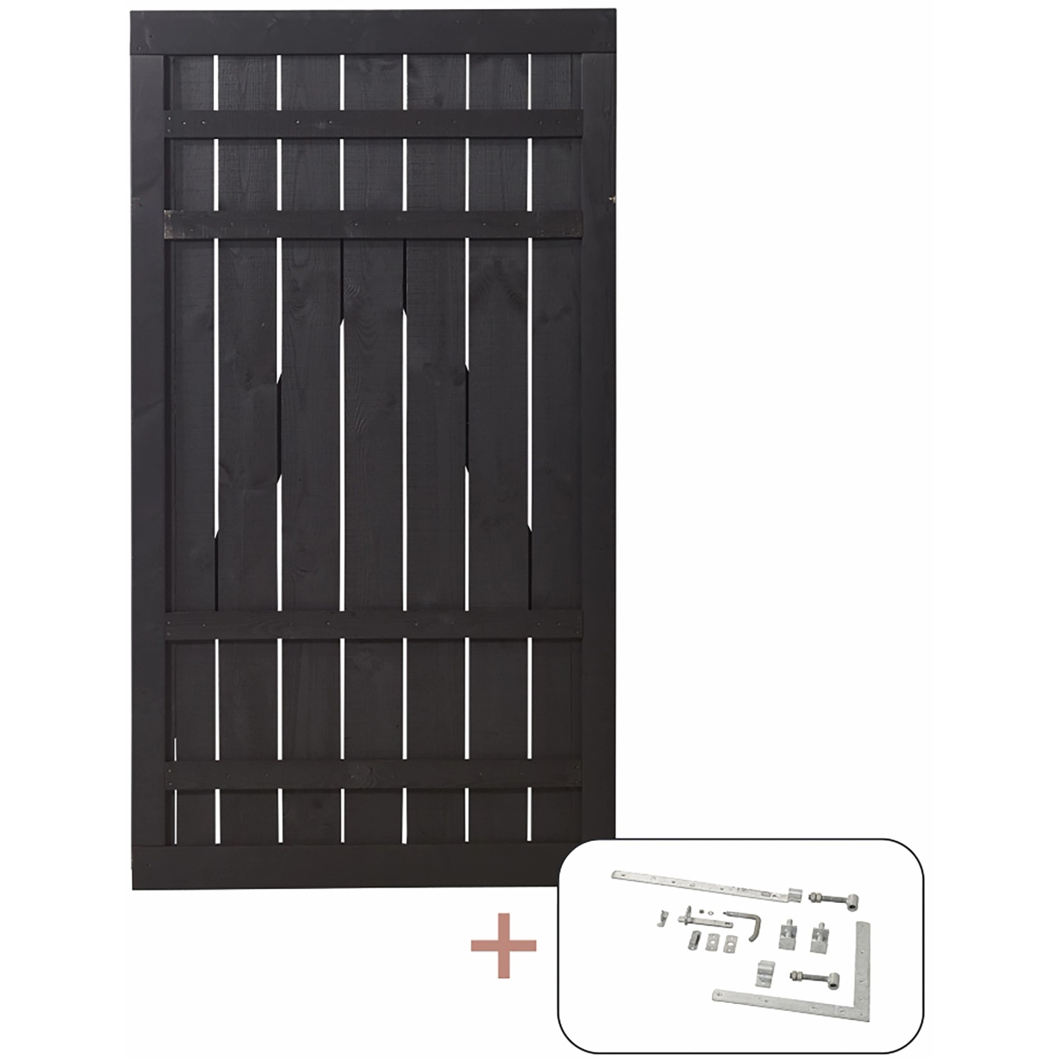 Schwarzes Nadelholz Gartentor Rustik, 100x180 cm, mit Beschlägen für Selbstmontage.