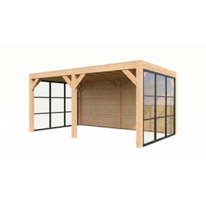 weka Gartenlaube Lumley: Moderne Terrassenüberdachung aus Fichte mit Flachdach, Holz- & Glaswänden.