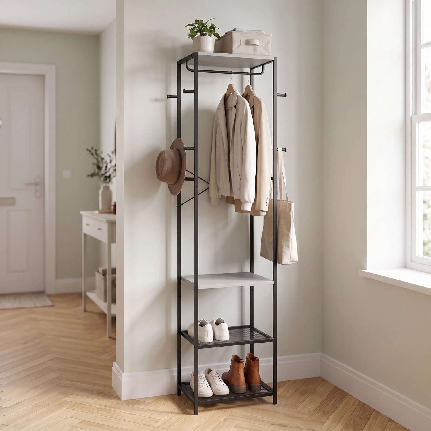 Relaxdays Garderobenständer MDF Eisen Schwarz-Grau Schmal mit 8 Haken 4 Ablagen Kleiderstange 181 cm x 40 cm x 28 cm 5,6 kg