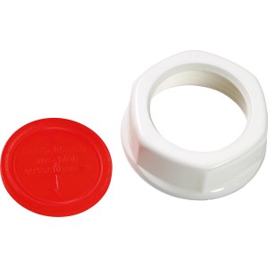 Verschlusskappe für Siphon 33,3 mm (G 1) aus Kunststoff, rot und weiß.
