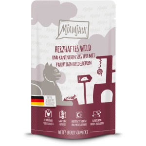 Mjamjam Katzen-Nassfutter Quetschie Wild & Kaninchen mit Heidelbeeren, 125g.