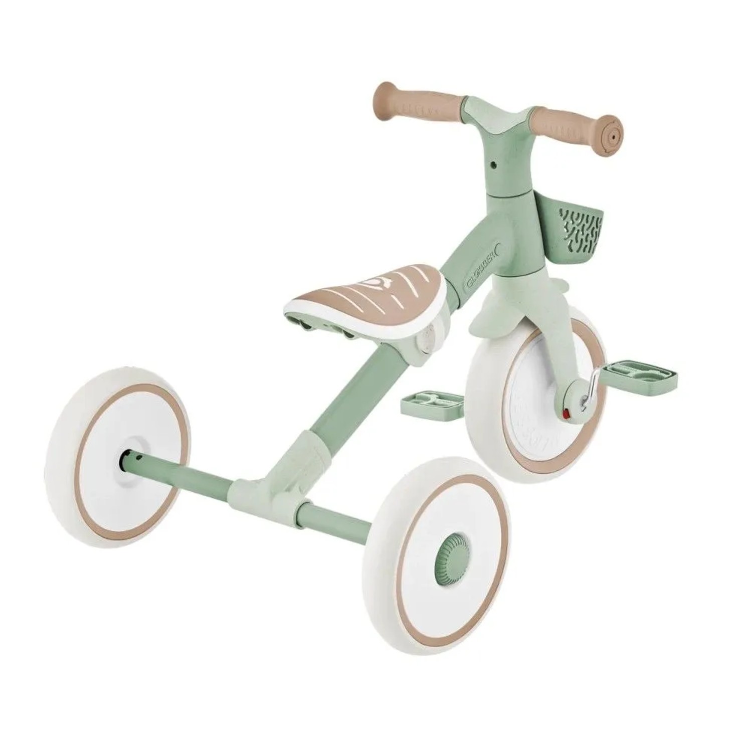 Globber Learning Trike 2in1 in Salbei Grün als Dreirad. Höhenverstellbarer Sattel, Lenkerkorb und Pedale für Kinder.