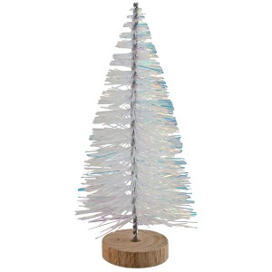 Irisierender Deko-Baum aus Kunststoff mit Holzfuß, 15 cm, für weihnachtliche Dekoration.