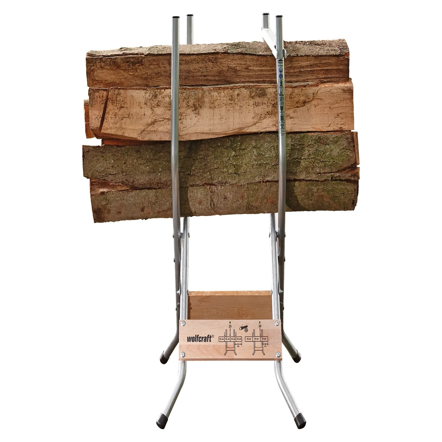 wolfcraft Sägebock SB 60 klappbar mit Holzscheiten, ideal zum Sägen von Brennholz.