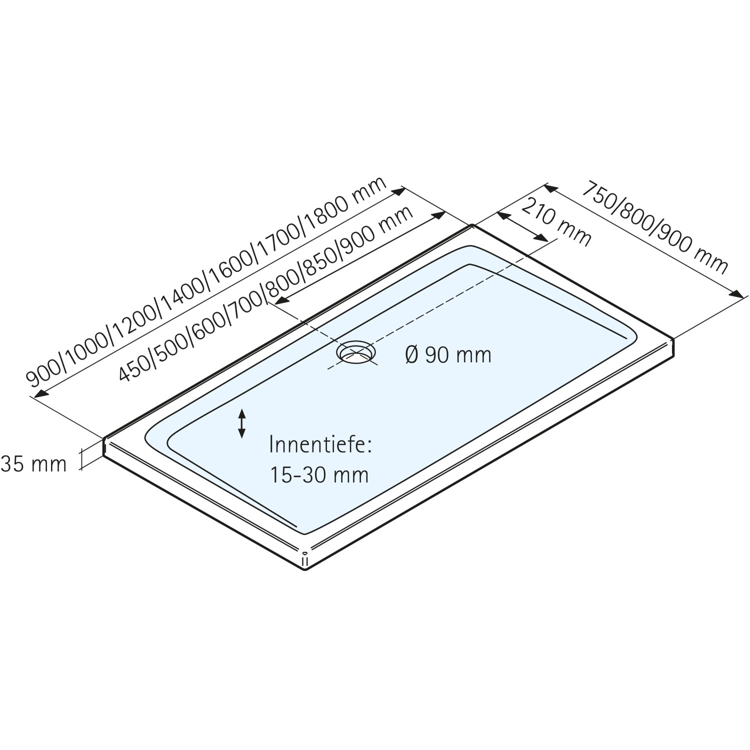 Technische Zeichnung: Schulte Duschwannen-Set ExpressPlus, rechteckige Duschwanne 100x90 cm mit Maßangaben.