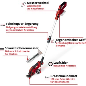 Einhell Akku-Gras- und Strauchschere GE-CG 18/100 Li T-Solo mit Teleskopstiel für Rasen und Sträucher.