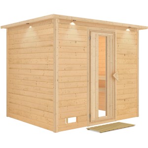 Karibu Sauna Sarina mit LED-Dachkranz aus naturbelassener Fichte mit Glastür und Holzrost.
