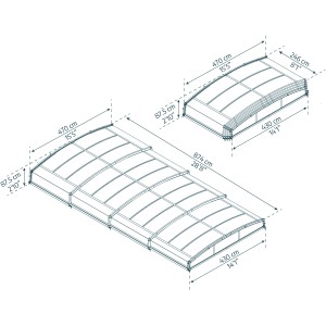 Technische Zeichnung der grauen Palram Canopia Poolüberdachung Majorca 470x874 cm mit Maßangaben.