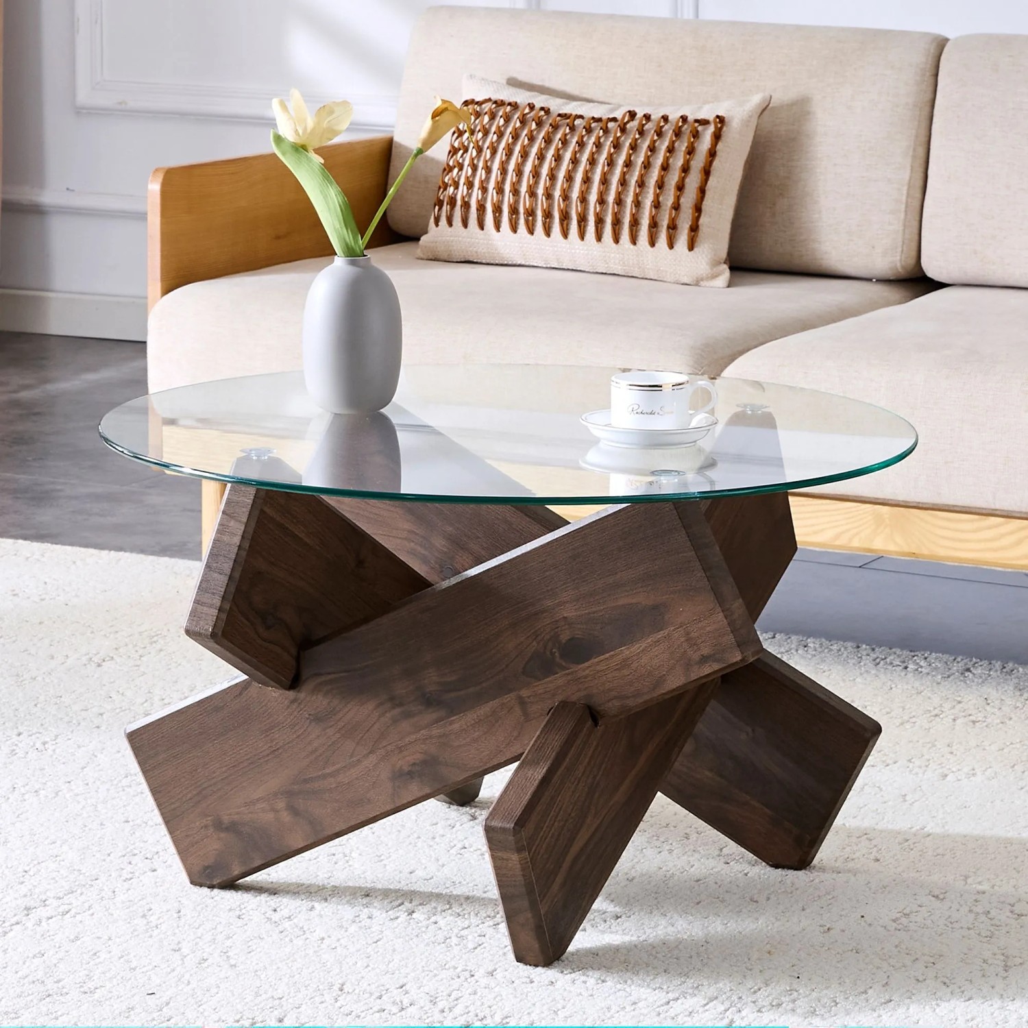okwish Couchtisch mit Glasplatte und Kreuzgestell für Wohnzimmer 79x79x45 cm Braun_2