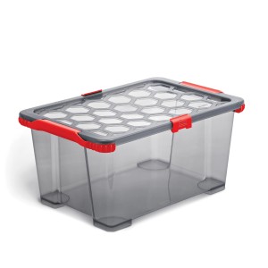 Rotho Aufbewahrungsbox Evo Total, 44 l, transparent grau mit roten Griffen und Deckel.