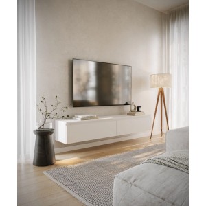 Weißes Selsey TV-Hängeboard Bemmi 175 cm schwebend unter TV im modernen Wohnzimmer. Zwei Fächer.