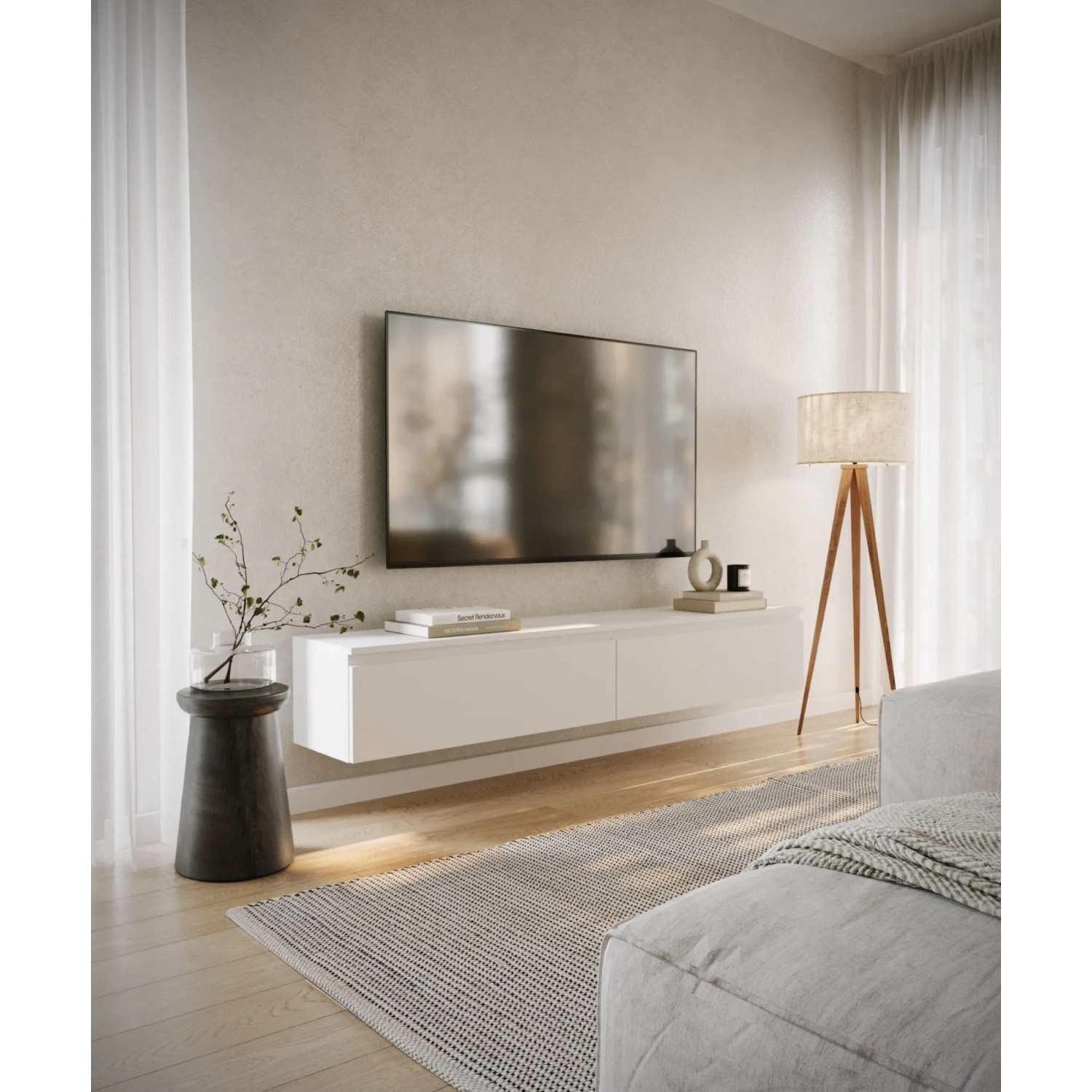 Weißes Selsey TV-Hängeboard Bemmi 175 cm schwebend unter TV im modernen Wohnzimmer. Zwei Fächer.