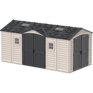 Duramax Kunststoff-Gartenhaus Apex Pro, 12 m², grau, mit Doppeltüren und Fenstern.