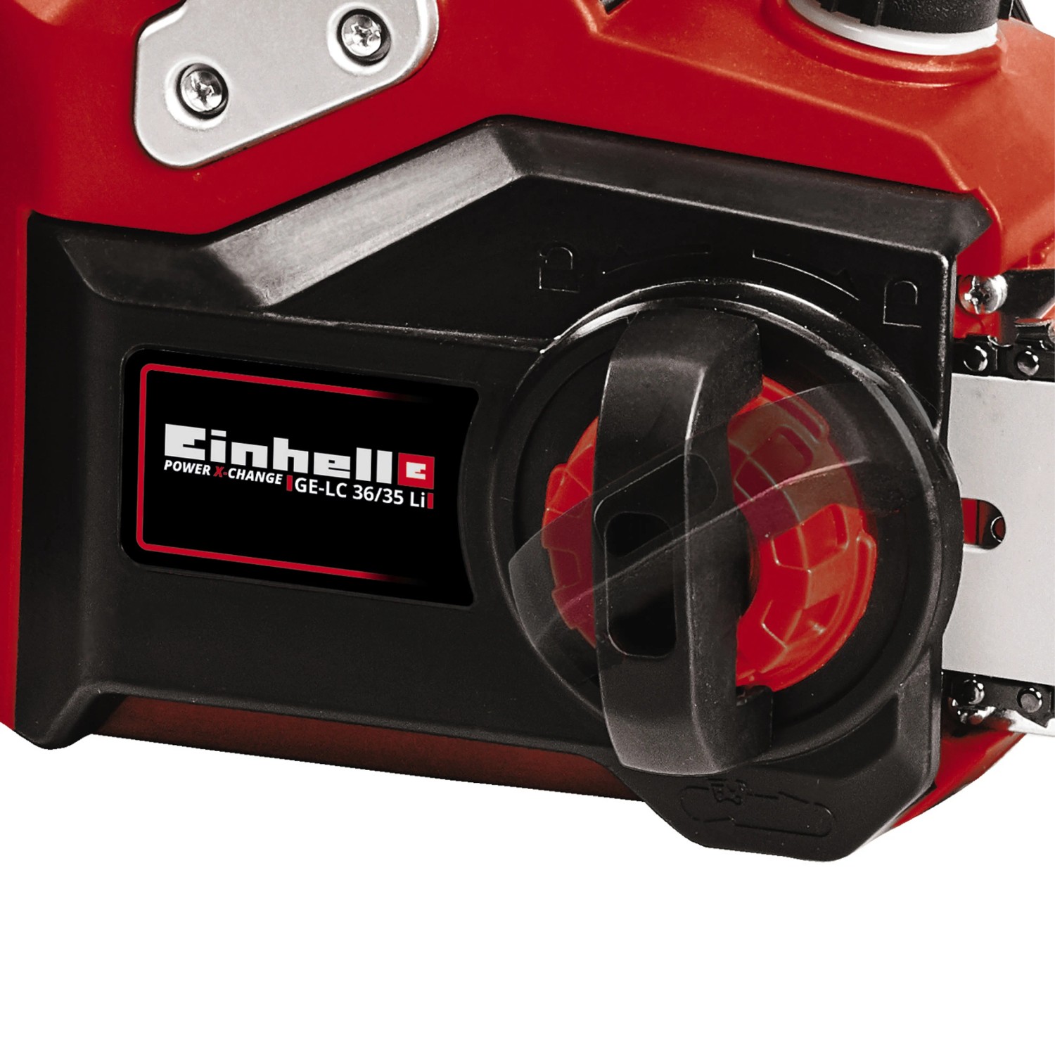 Detailaufnahme: Einhell Akku-Kettensäge GP-LC 36/35 Li-Solo, rot/schwarz.