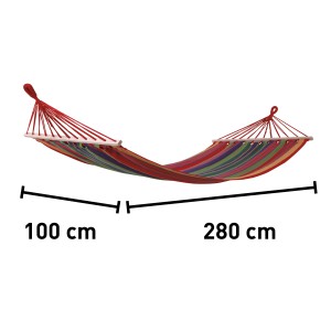 Bunt gestreifte Hängematte Estevan aus Polycotton mit Holzspreizstäben, Maße 100x280cm.