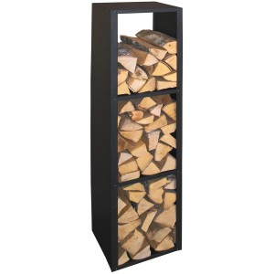 Lienbacher Holzregal aus schwarz beschichtetem Metall, gefüllt mit Holzscheiten.