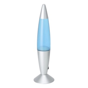 Eglo LED-Lavatischleuchte in Silber mit blauem Flüssigkeitsbehälter. Klassische LED-Tischleuchte mit Schalter.