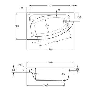 Technische Zeichnung der weißen Eckbadewanne Marina, 160x90 cm, mit Maßangaben.