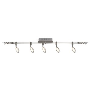 LED-Seilsystem Tony mit 5 Spots in Stahl-Blank, Deckenspots für flexible Beleuchtung.