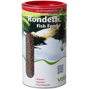 Velda Fischfutter Rondett Fish Food 2,5 l Dose mit Futterpellets und Fisch-Motiv.